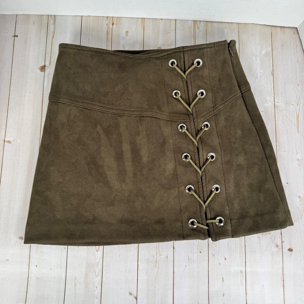 Luxxel Faux Suede Mini Skirt Olive Green Small Lace Up Grommet Side Zip A-Line